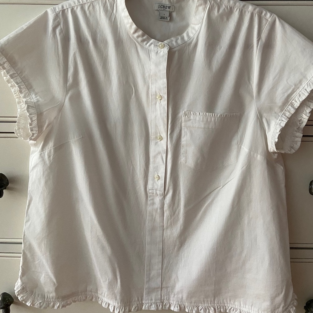 J. Crew White Cotton Ruffled Top Size L